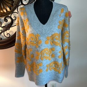 TRIBAL Woman’s V-Neck Intarsia Gray Inlay Floral Accent Sweater-Sunset Large